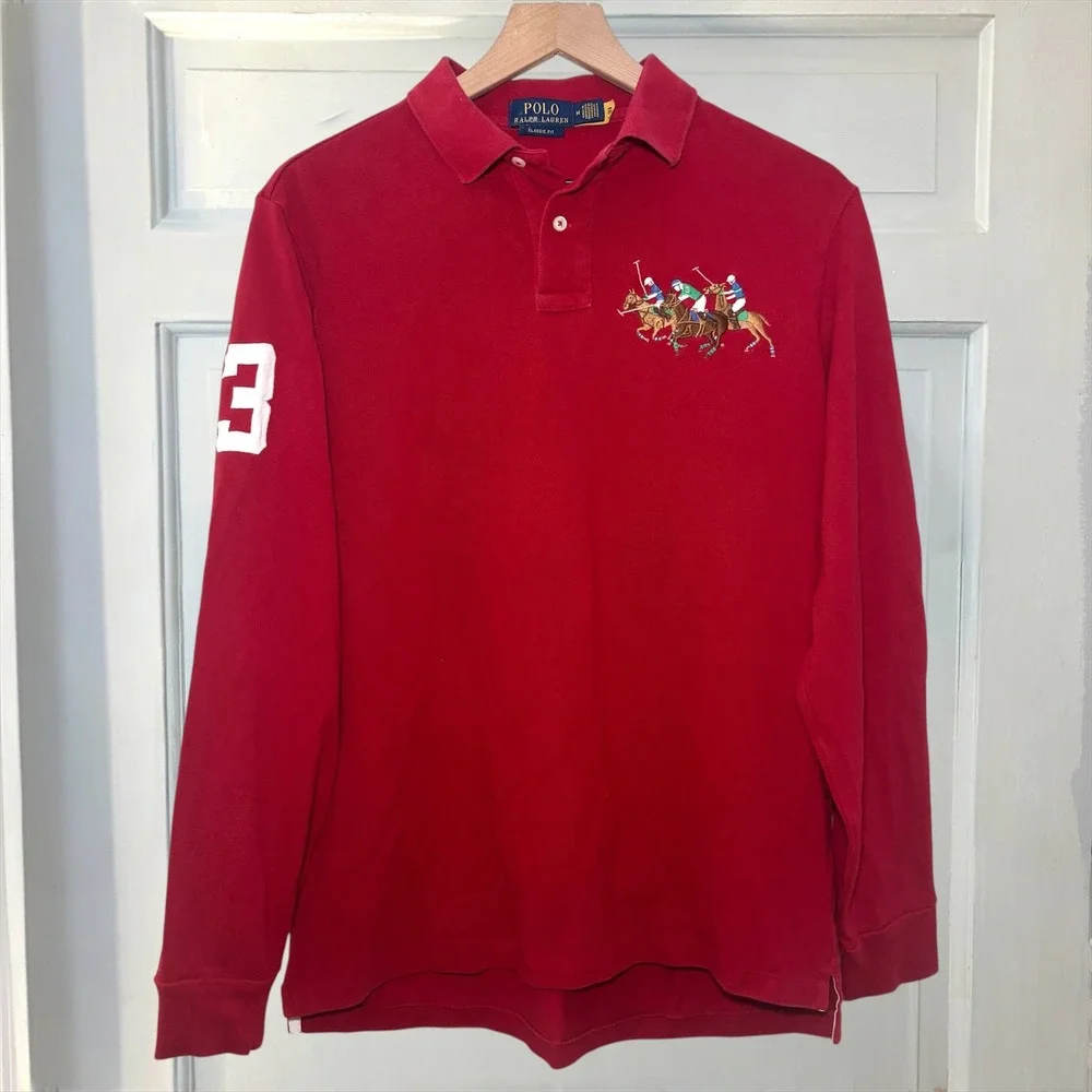 Polo Ralph Lauren Triple Pony Polo Shirt Red Mens M Classic Fit Long‎ Sleeve